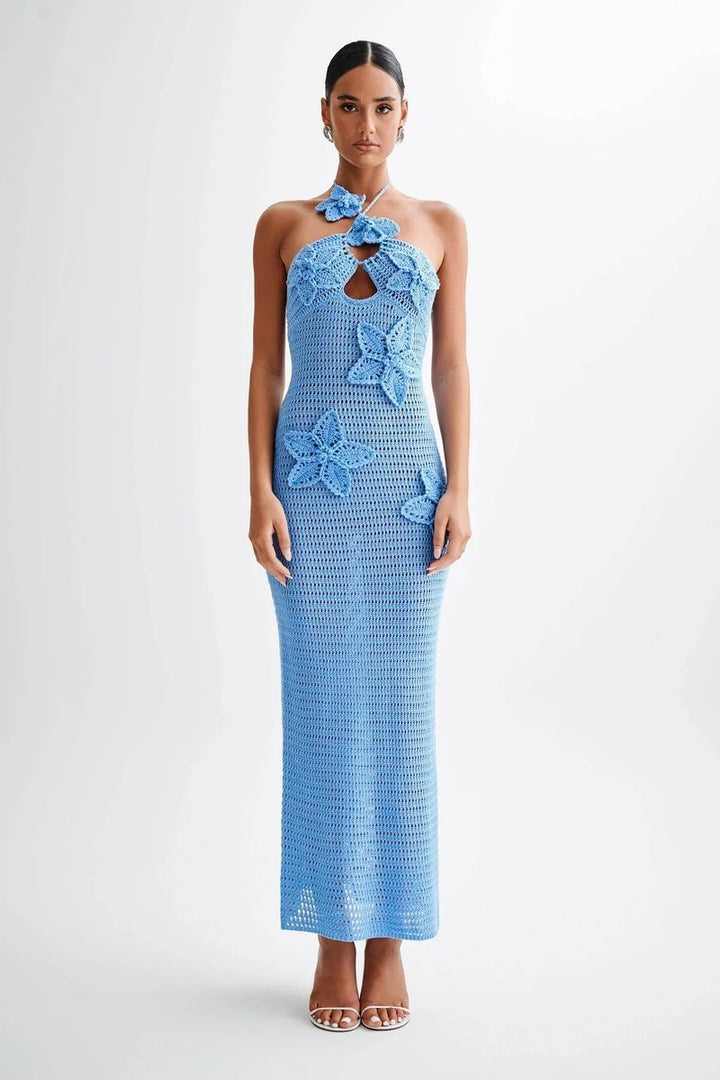 Damen Häkelstoff Neckholder Rückenfreies Maxikleid Knöchellang - Blau
