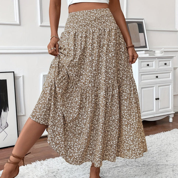 Damen Hochbund Ausgestellter Blumen Midi-Rock - Khaki-Blume