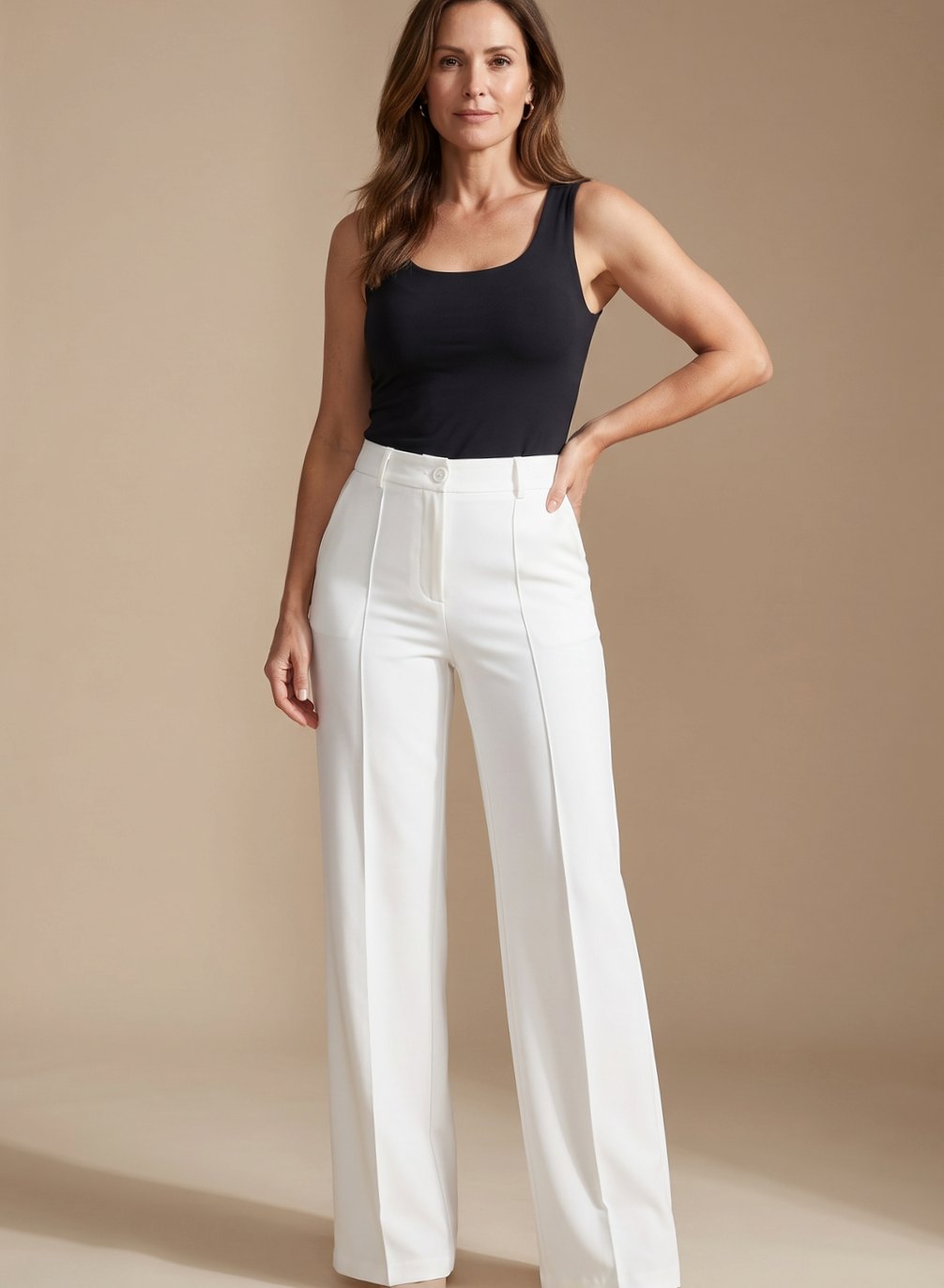 Damen Hochbund-Stoffhose Gerader Schnitt Elegant - Weiß