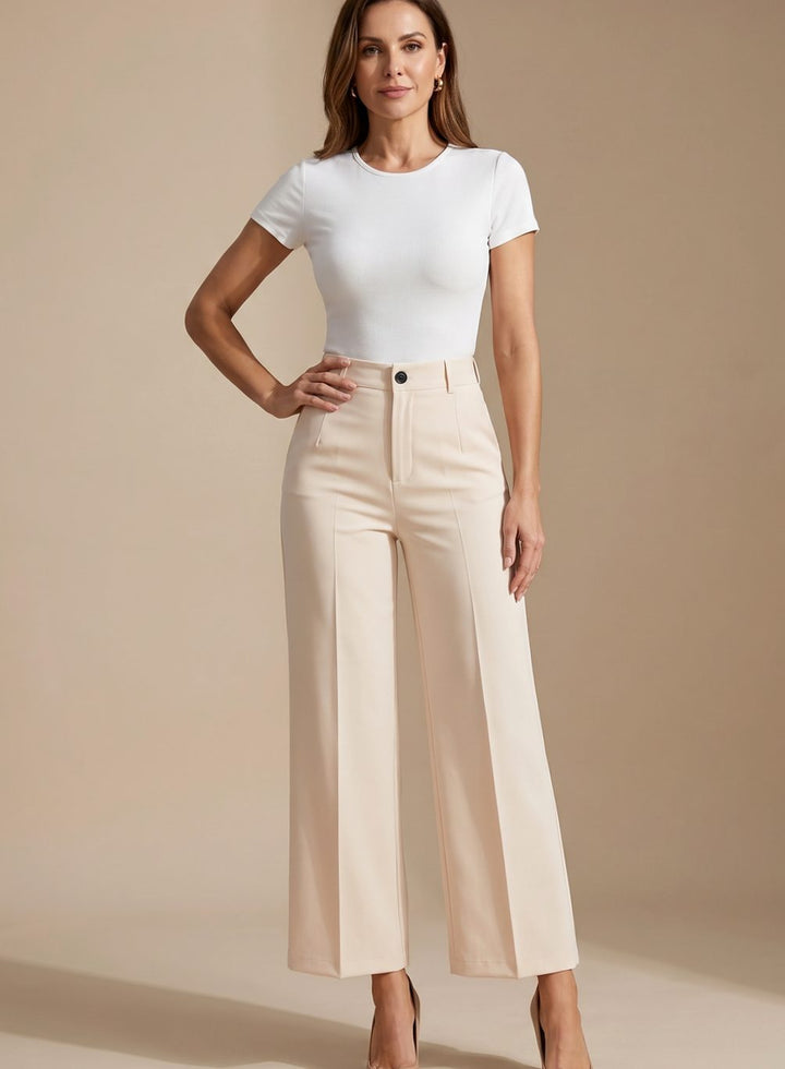 Damen Hochbund-Stoffhose Gerader Schnitt Elegant - Aprikose