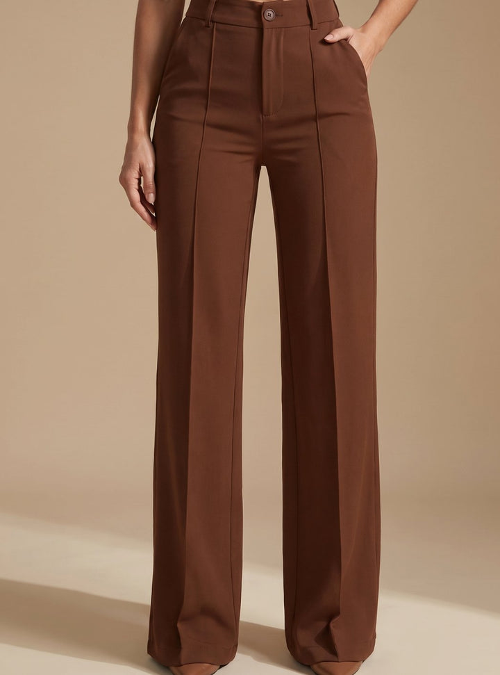 Damen Hochbund-Stoffhose Gerader Schnitt Elegant - Braun