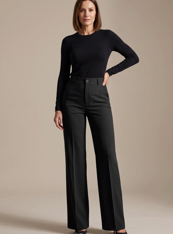 Damen Hochbund-Stoffhose Gerader Schnitt Elegant - Schwarz