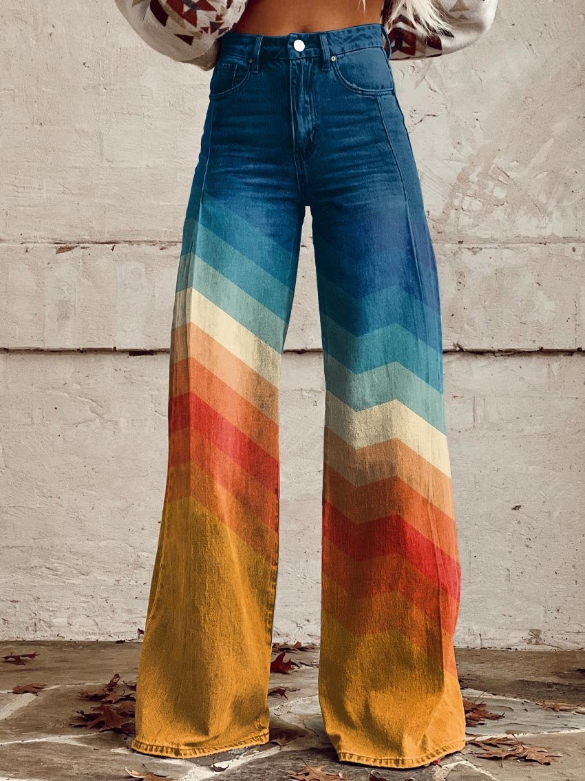 Damen Hochbund Wide-Leg Jeans Chevron Farbverlauf Retro - Sunset Chevron