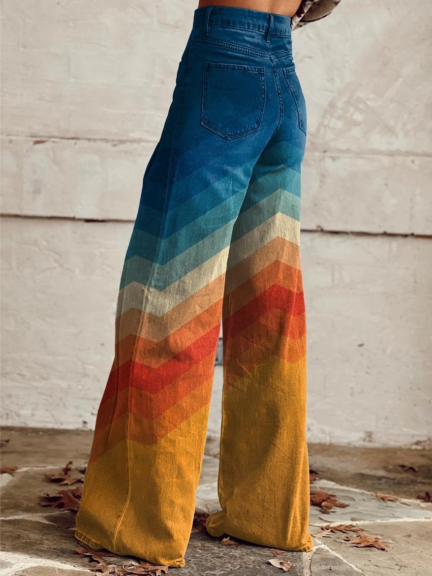 Damen Hochbund Wide-Leg Jeans Chevron Farbverlauf Retro