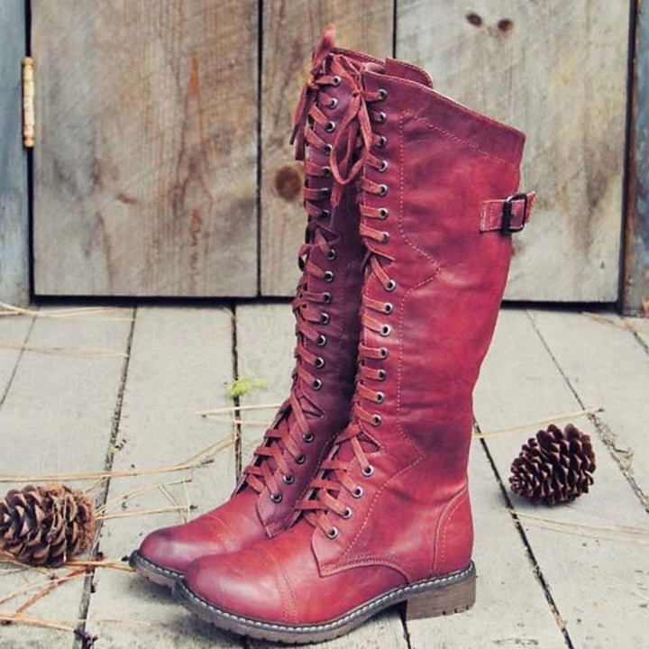 Damen Hohe Schnürstiefel im Reitstil mit Profilsohle - Rot