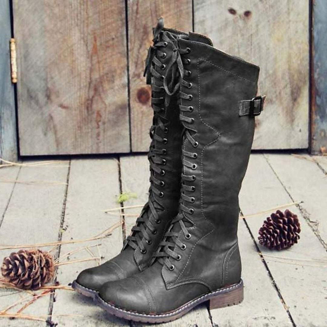 Damen Hohe Schnürstiefel im Reitstil mit Profilsohle - Schwarz
