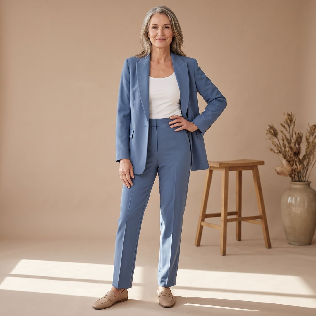 Damen Hosenanzug Taillierter Blazer Gerade Hose 2-teilig - Hellblau