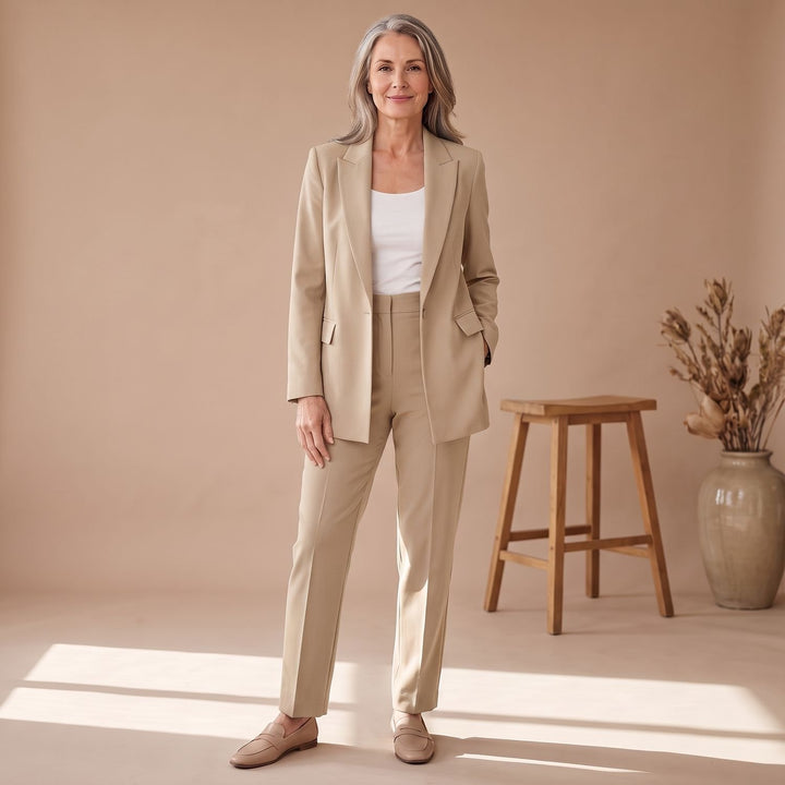 Damen Hosenanzug Taillierter Blazer Gerade Hose 2-teilig - Beige