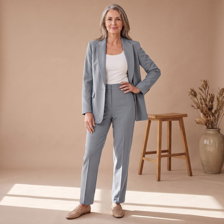 Damen Hosenanzug Taillierter Blazer Gerade Hose 2-teilig - Grau