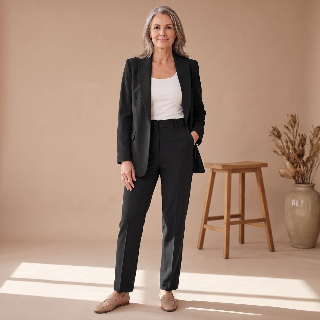 Damen Hosenanzug Taillierter Blazer Gerade Hose 2-teilig - Schwarz