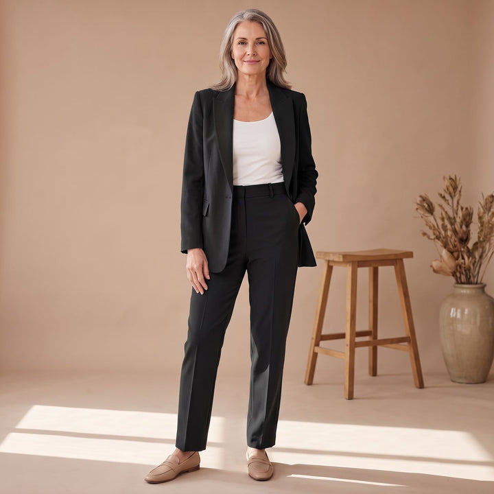Damen Hosenanzug Taillierter Blazer Gerade Hose 2-teilig - Schwarz