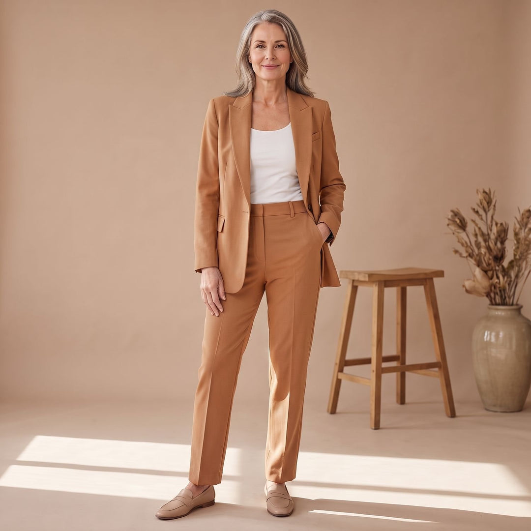 Damen Hosenanzug Taillierter Blazer Gerade Hose 2-teilig - Braun