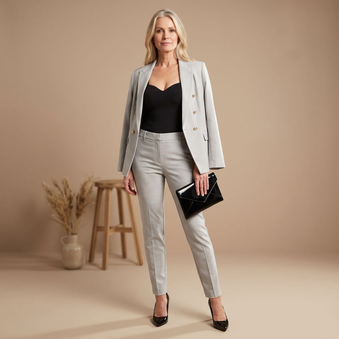 Damen Hosenanzug Zweireiher Blazer Slim-Fit Hose Goldknöpfe - Grau