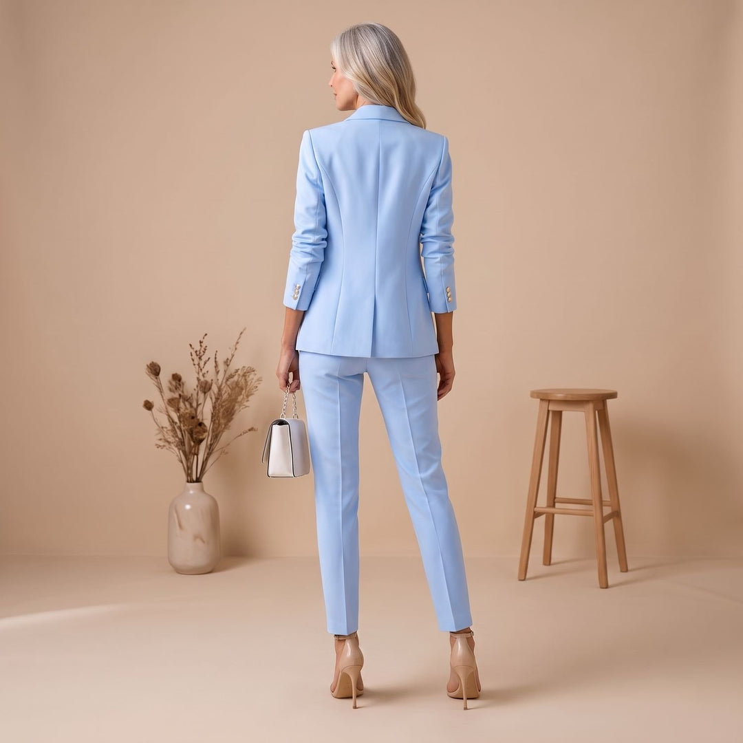 Damen Hosenanzug Zweireiher Blazer Slim-Fit Hose Goldknöpfe