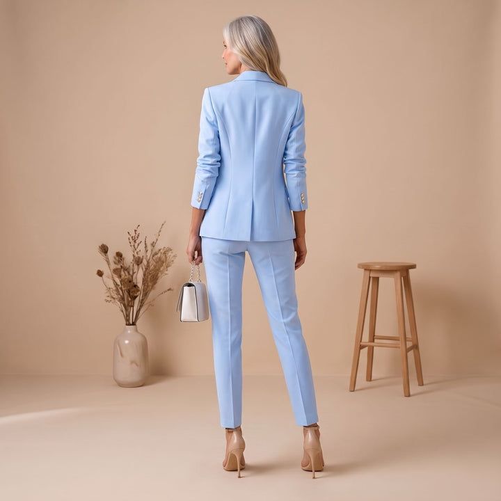 Damen Hosenanzug Zweireiher Blazer Slim-Fit Hose Goldknöpfe