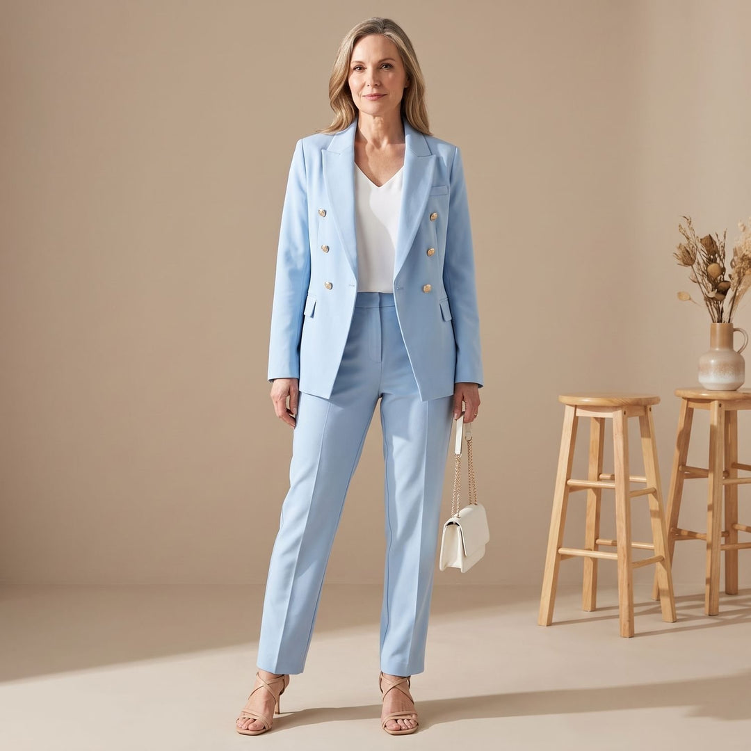 Damen Hosenanzug Zweireiher Blazer Slim-Fit Hose Goldknöpfe