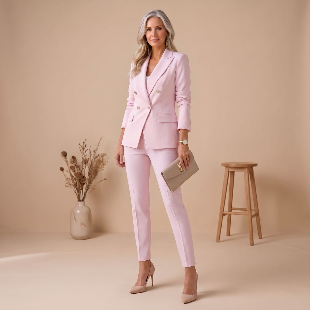 Damen Hosenanzug Zweireiher Blazer Slim-Fit Hose Goldknöpfe - Rosa