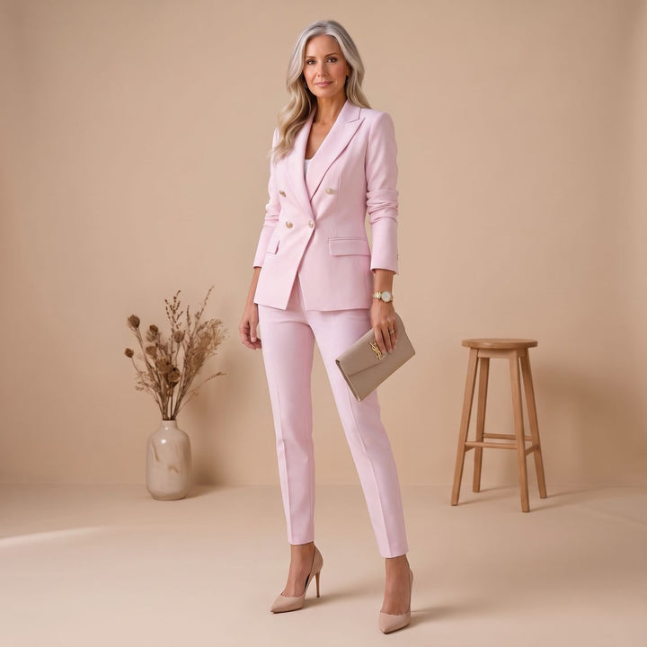 Damen Hosenanzug Zweireiher Blazer Slim-Fit Hose Goldknöpfe - Rosa