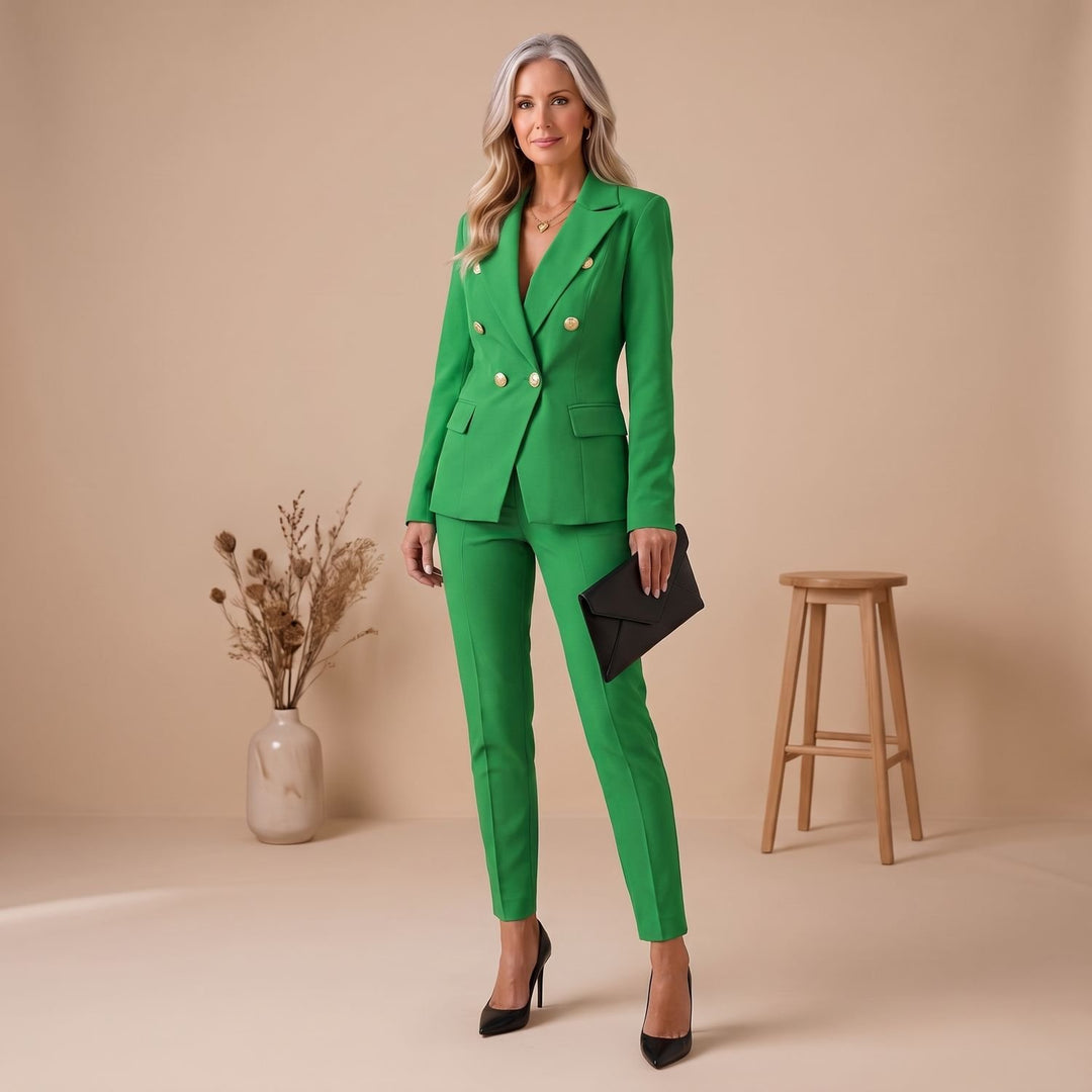 Damen Hosenanzug Zweireiher Blazer Slim-Fit Hose Goldknöpfe - Grün