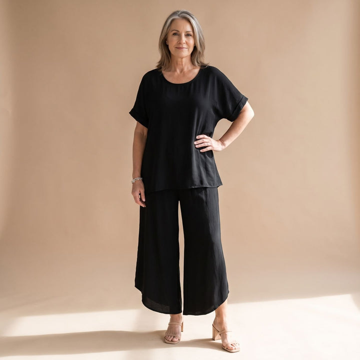 Damen Hosenanzug Zweiteiliges Oversized Set Kurzarm Oberteil Weite Hose - Schwarz