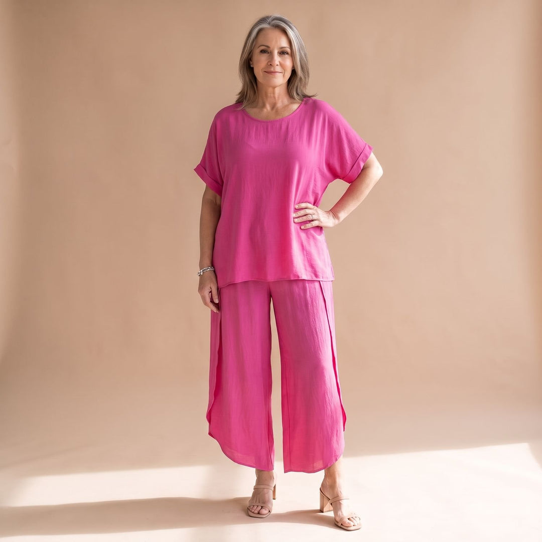 Damen Hosenanzug Zweiteiliges Oversized Set Kurzarm Oberteil Weite Hose - Rosa