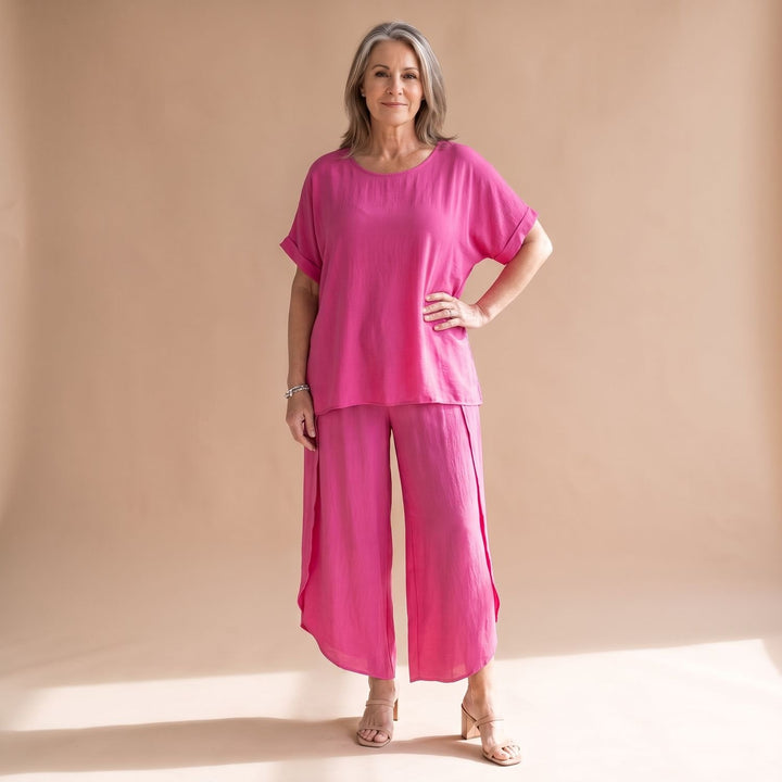 Damen Hosenanzug Zweiteiliges Oversized Set Kurzarm Oberteil Weite Hose - Rosa