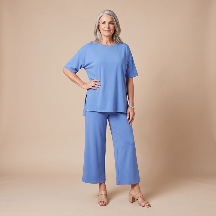 Damen Hosenanzug Zweiteiliges Oversized Set Kurzarm Oberteil Weite Hose - Blau