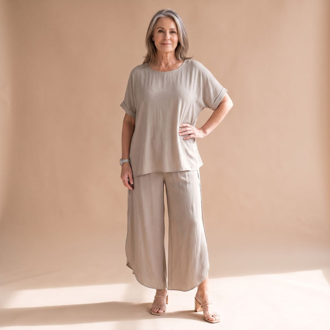 Damen Hosenanzug Zweiteiliges Oversized Set Kurzarm Oberteil Weite Hose - Beige