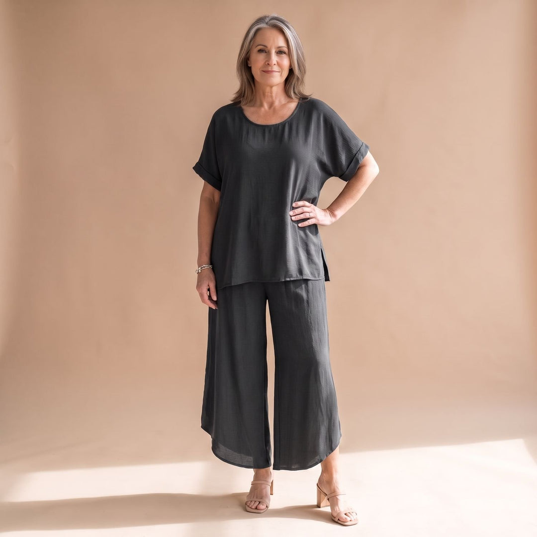 Damen Hosenanzug Zweiteiliges Oversized Set Kurzarm Oberteil Weite Hose - Grau