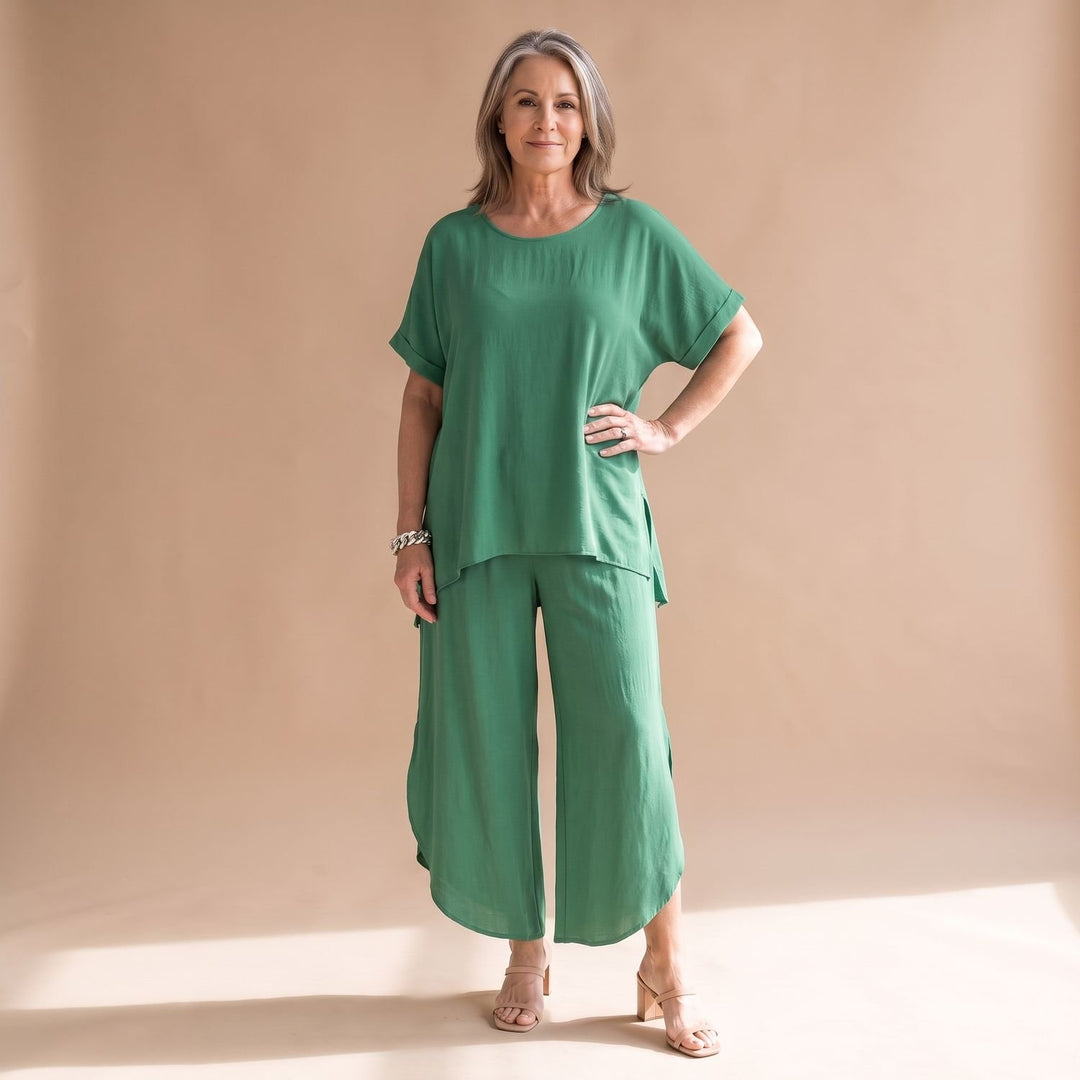 Damen Hosenanzug Zweiteiliges Oversized Set Kurzarm Oberteil Weite Hose - Grün