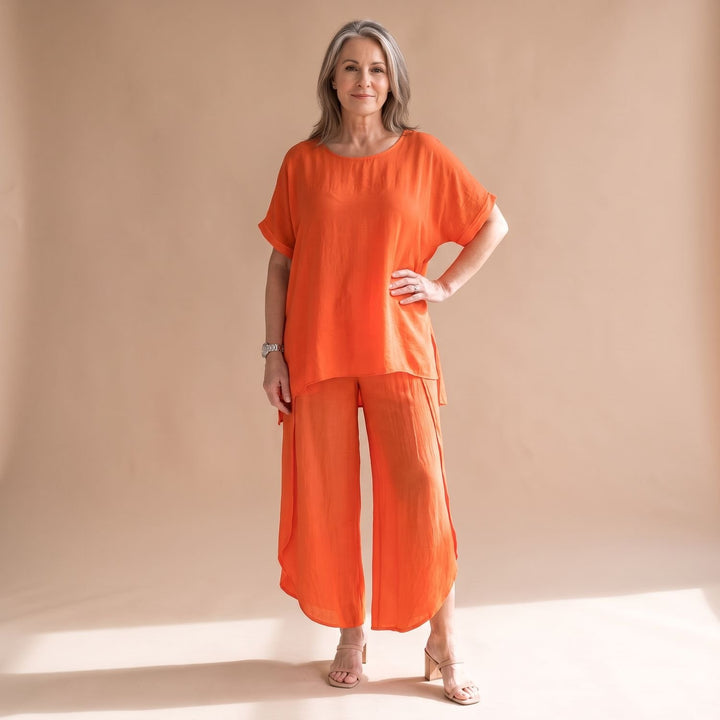 Damen Hosenanzug Zweiteiliges Oversized Set Kurzarm Oberteil Weite Hose - Orange