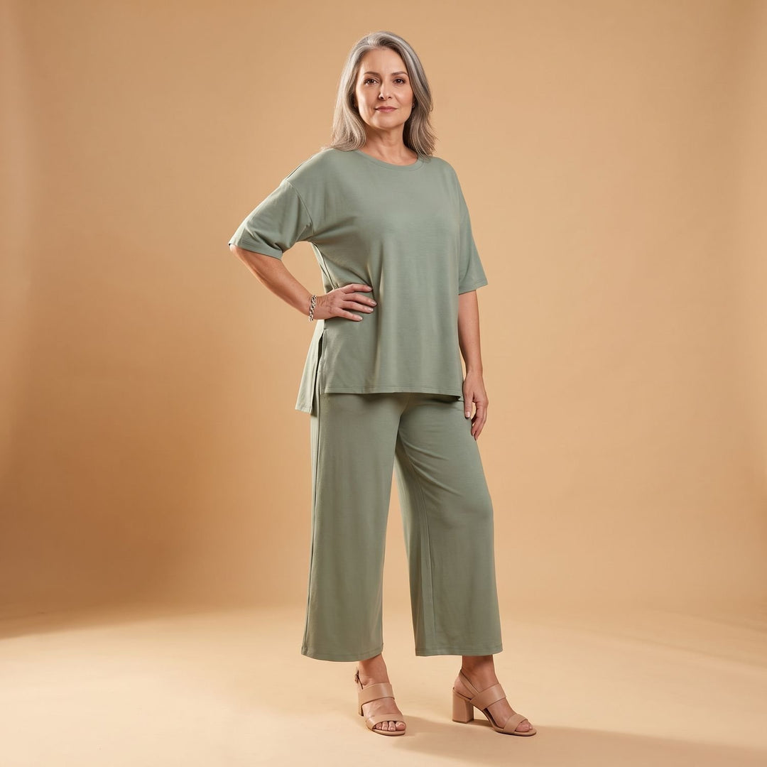Damen Hosenanzug Zweiteiliges Oversized Set Kurzarm Oberteil Weite Hose - Hellgrün