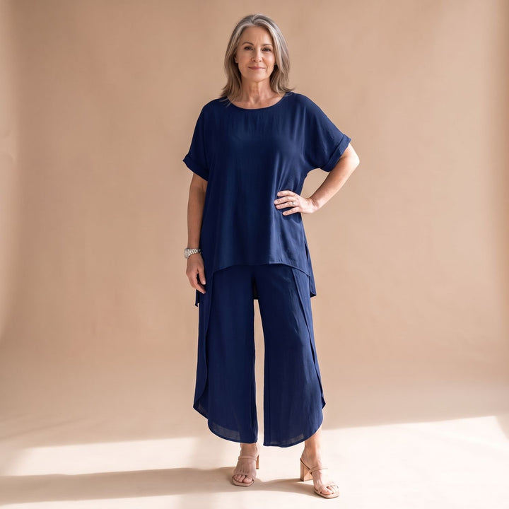 Damen Hosenanzug Zweiteiliges Oversized Set Kurzarm Oberteil Weite Hose - Dunkelblau