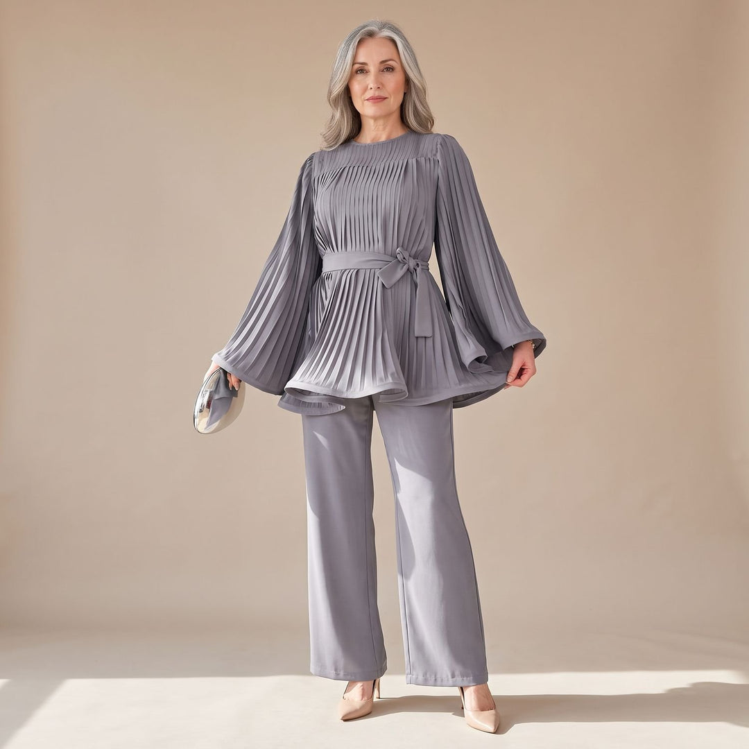 Damen Hosenanzug Zweiteiliges Plissee-Set Weithose Bindegürtel - Grau