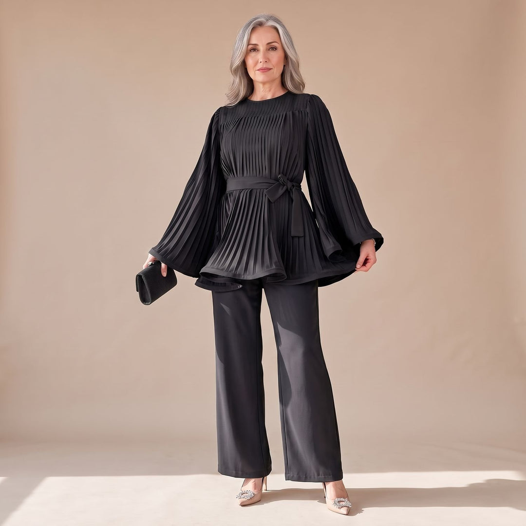 Damen Hosenanzug Zweiteiliges Plissee-Set Weithose Bindegürtel - Schwarz