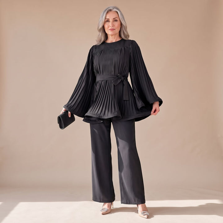 Damen Hosenanzug Zweiteiliges Plissee-Set Weithose Bindegürtel - Schwarz