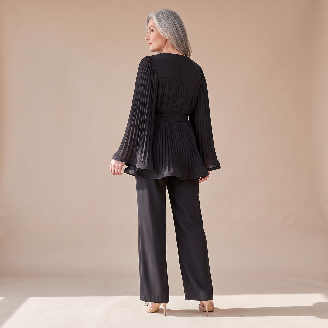 Damen Hosenanzug Zweiteiliges Plissee-Set Weithose Bindegürtel