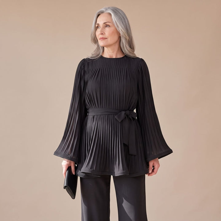 Damen Hosenanzug Zweiteiliges Plissee-Set Weithose Bindegürtel