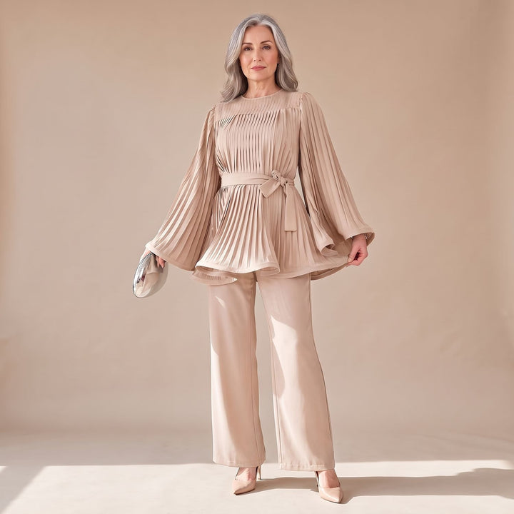 Damen Hosenanzug Zweiteiliges Plissee-Set Weithose Bindegürtel - Beige
