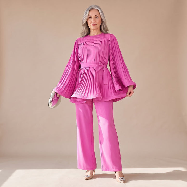 Damen Hosenanzug Zweiteiliges Plissee-Set Weithose Bindegürtel - Rosa