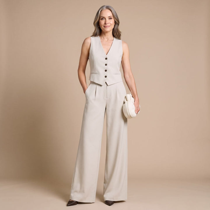 Damen Hosenanzug Zweiteiliges Set Weste Weithose - Beige