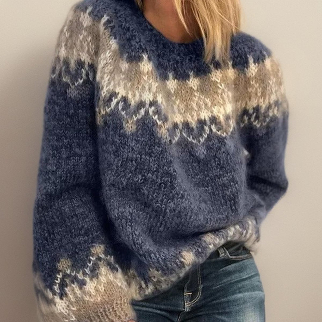 Damen Jacquard Knit Sweater Isländischer Rundhals Pullover - Blau