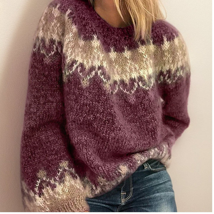 Damen Jacquard Knit Sweater Isländischer Rundhals Pullover - Rot