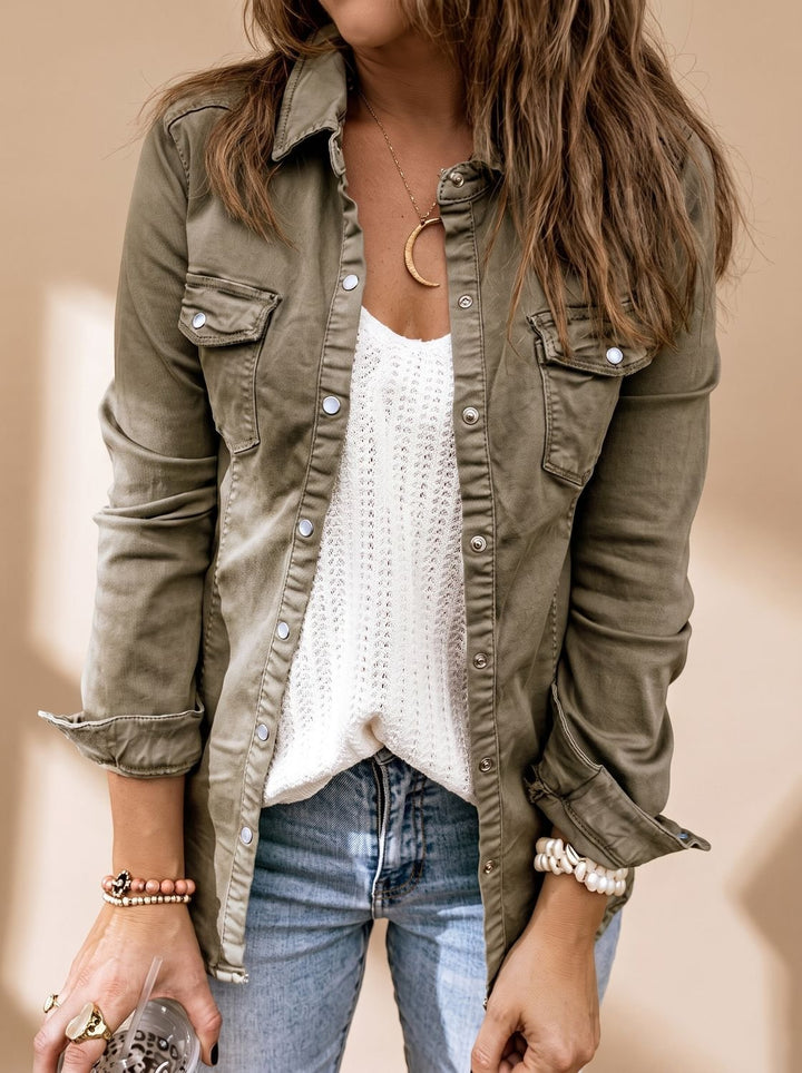 Damen Jeansjacke mit Knopfleiste Brusttaschen Hemdblusenkragen - Grau