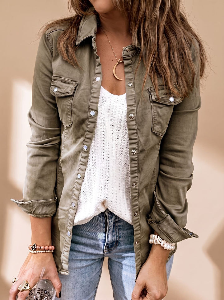 Damen Jeansjacke mit Knopfleiste Brusttaschen Hemdblusenkragen