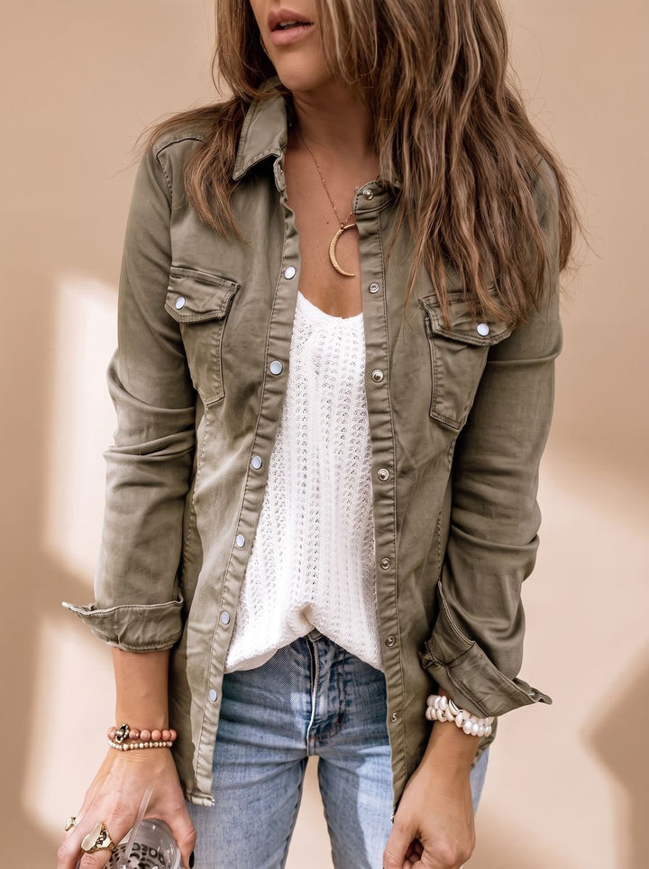 Damen Jeansjacke mit Knopfleiste Brusttaschen Hemdblusenkragen - Armeegrün