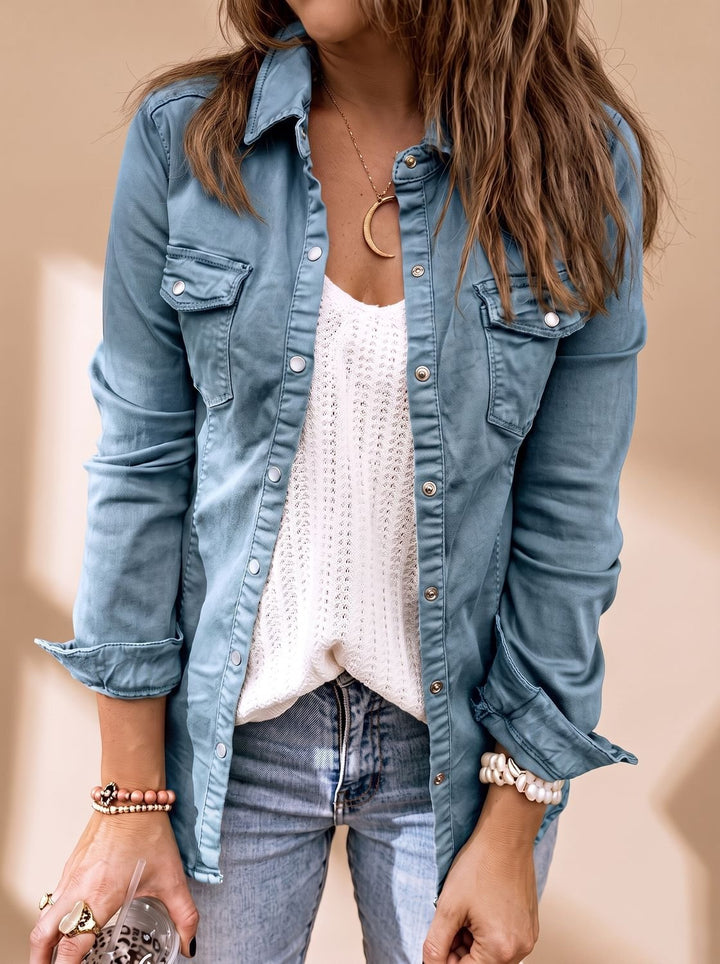 Damen Jeansjacke mit Knopfleiste Brusttaschen Hemdblusenkragen - Blau