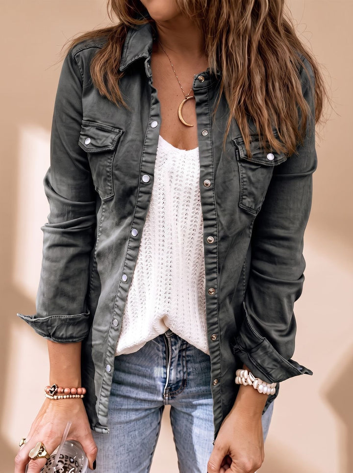 Damen Jeansjacke mit Knopfleiste Brusttaschen Hemdblusenkragen - Schwarz