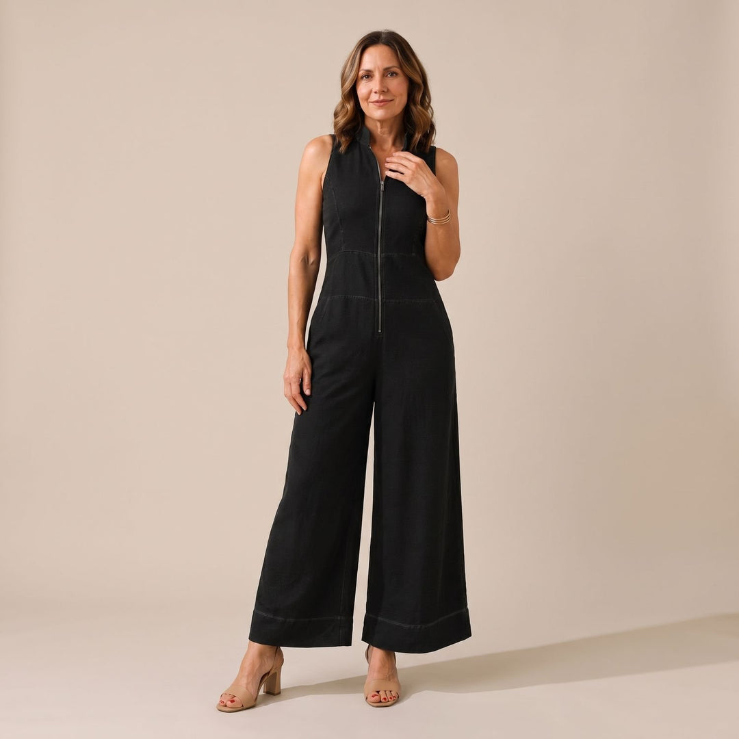 Damen Jumpsuit Elegant Ärmellos Weites Bein Reißverschluss - Schwarz