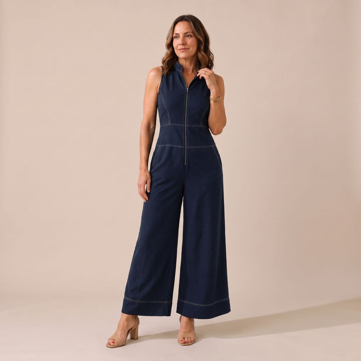 Damen Jumpsuit Elegant Ärmellos Weites Bein Reißverschluss - Marineblau